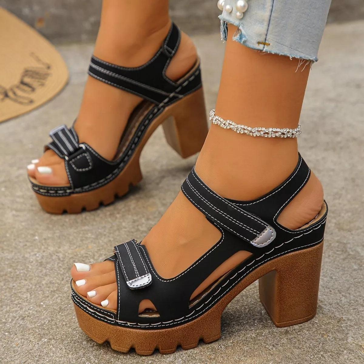 Open Toe Block Heels Sandals - Black - View 10