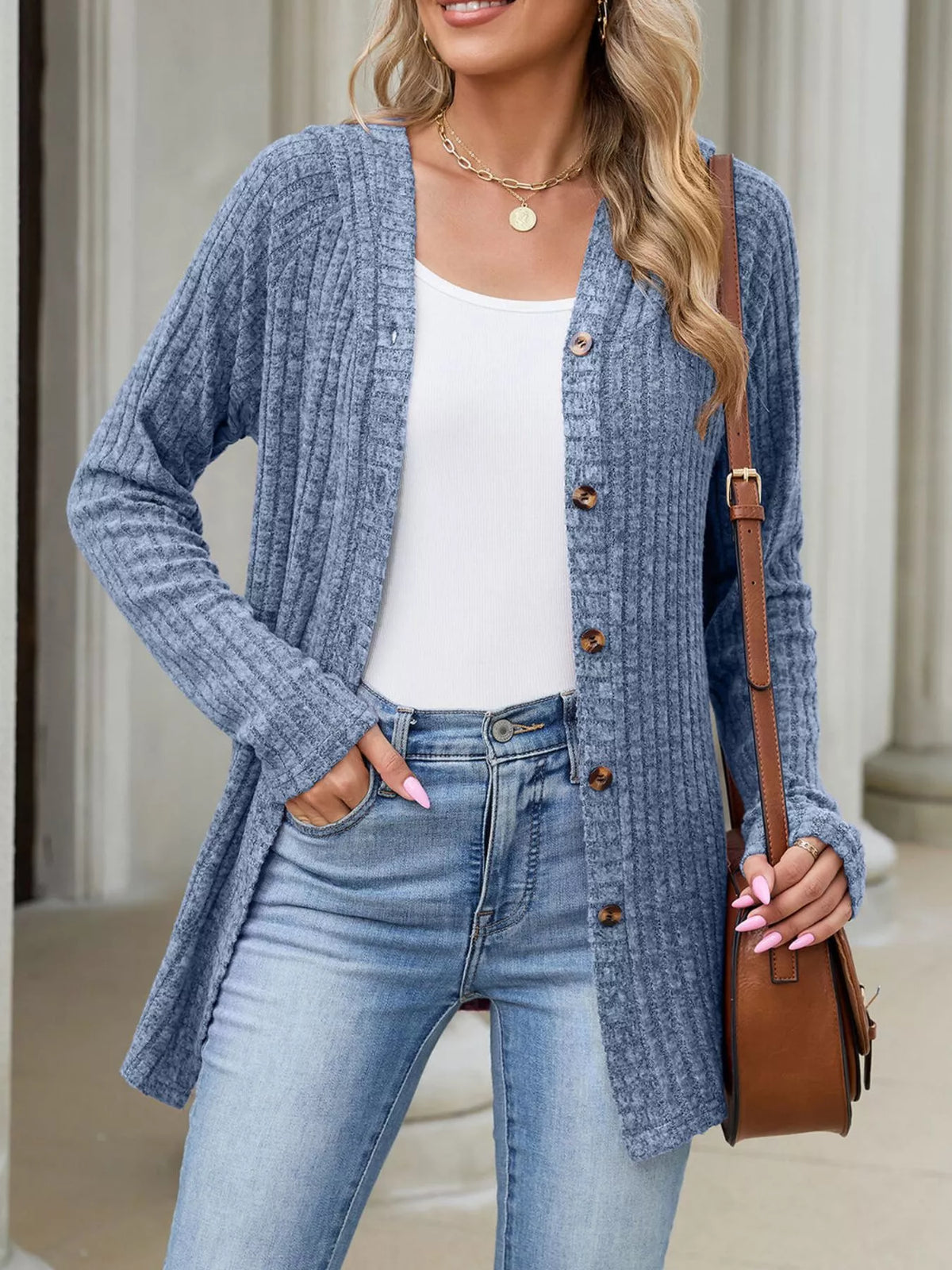 Ribbed Knit Hooded Button-Down Cardigan - Colorful Blue - View 4