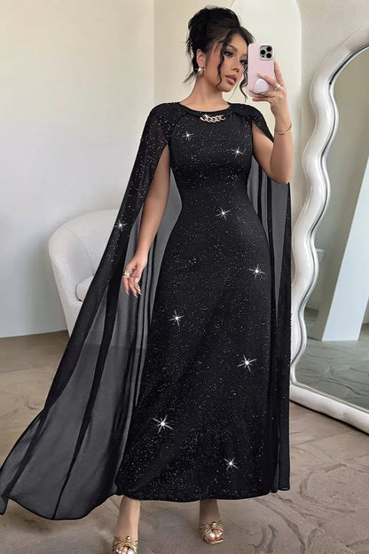 Glitter Cape-Sleeve Maxi Dress - Black - View 1