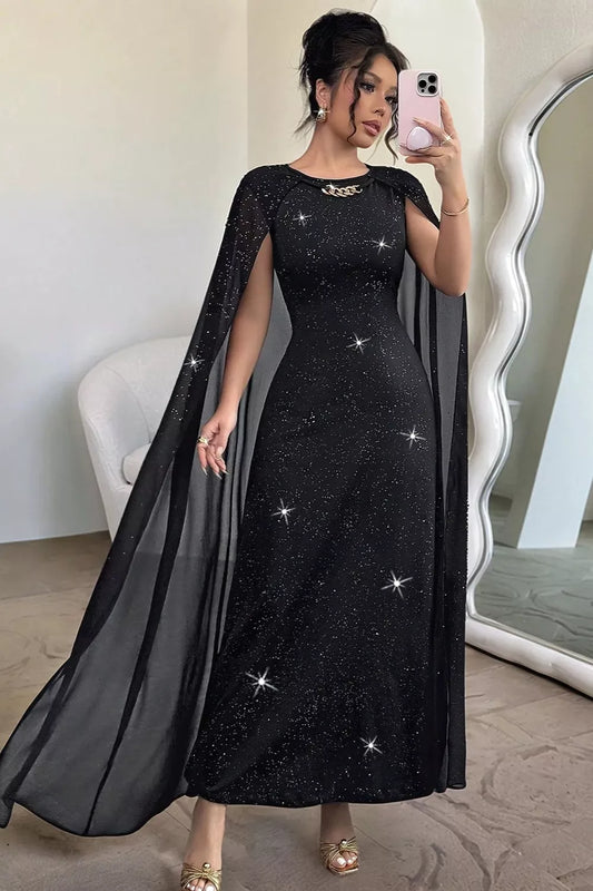 Glitter Cape-Sleeve Maxi Dress - Black - View 1