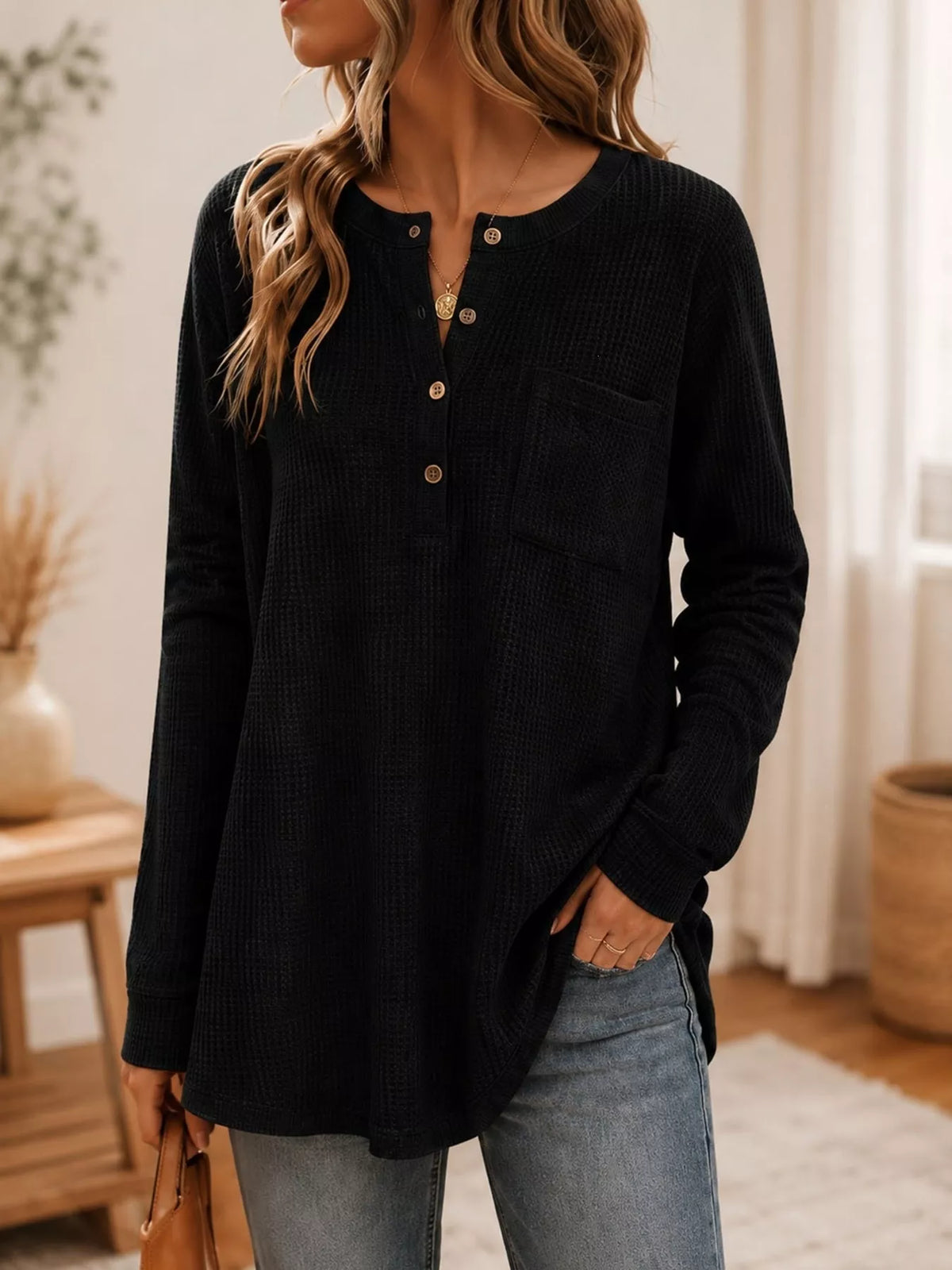 Waffle Knit Button Detail Top - Black - View 1