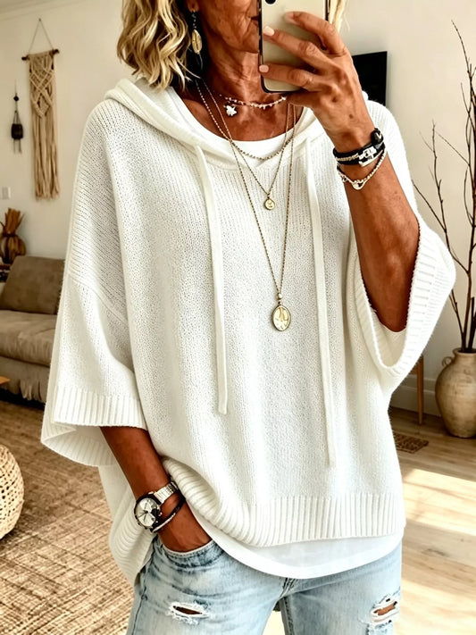 Full Size Casual Hooded Batwing Sleeve Knit Sweater Plus Size - White - View 1