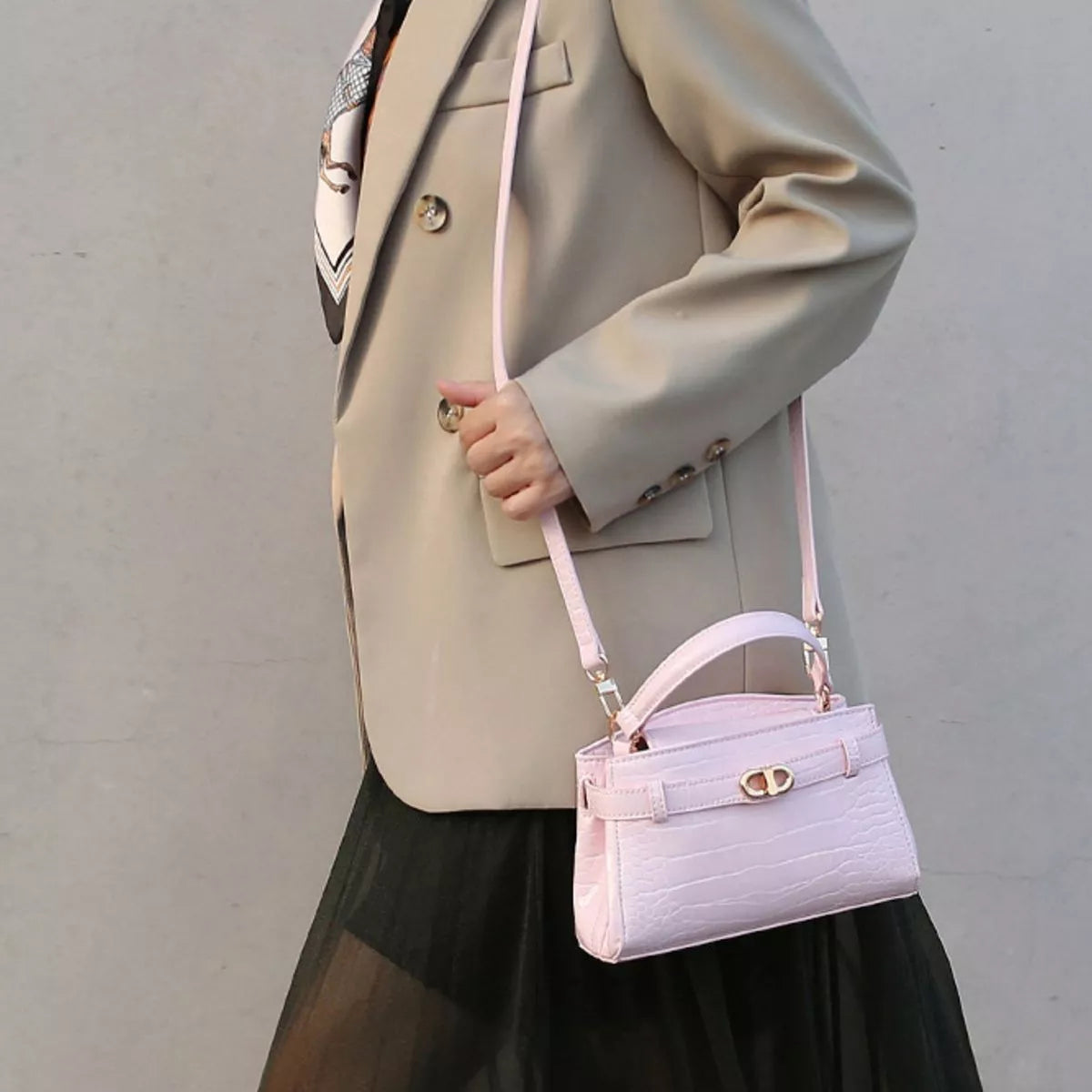 Crocodile-Embossed Crossbody Bag - Pink - View 1
