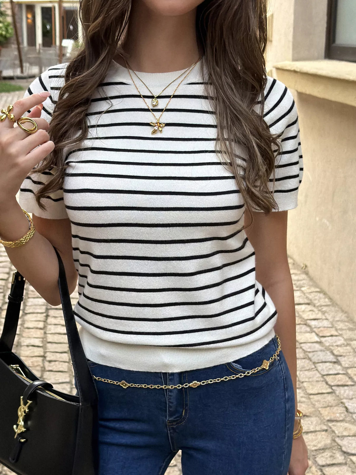 Striped Short-Sleeve Knit Top - Black - View 4