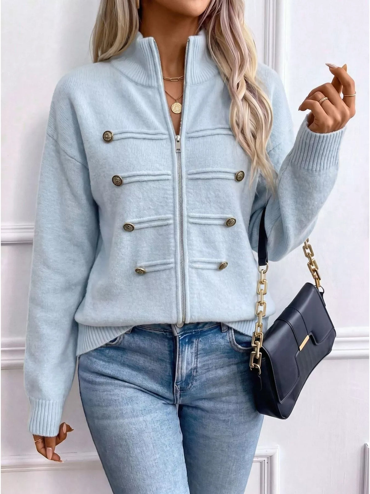 Zip-Up Long Sleeve Cardigan - Light Blue - View 1