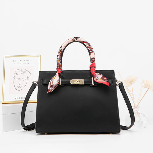 Leather Handbag with Detachable Shoulder Strap - Black - View 1