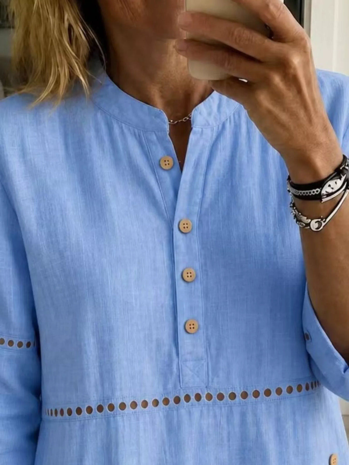 Full Size Button Detail Eyelet Long Sleeve Blouse Plus Size - Sky Blue - View 2