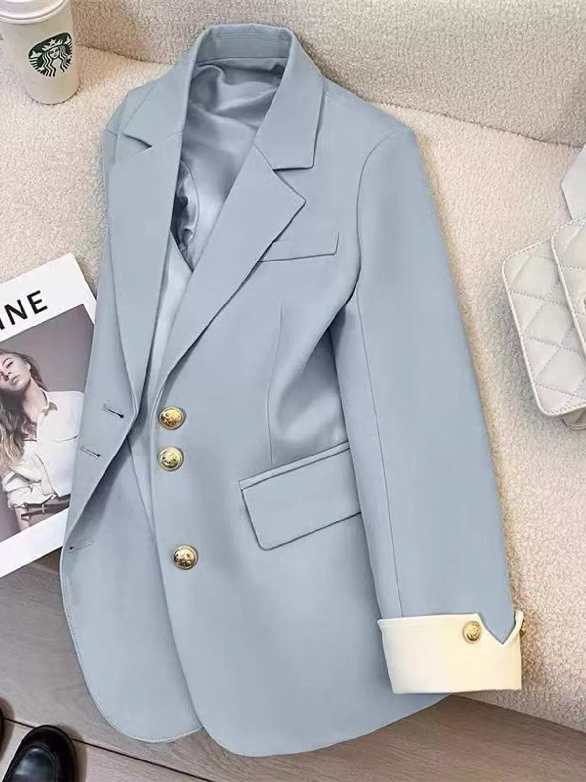 Full Size Single-Breasted Blazer with Gold Button Accents Plus Size - Blue - View 7
