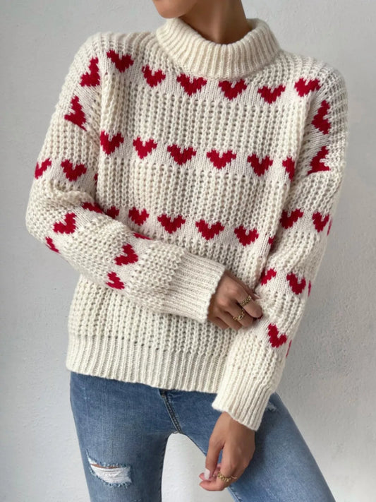Heart Pattern Mock Neck Chunky Knit Sweater - Beige - View 1