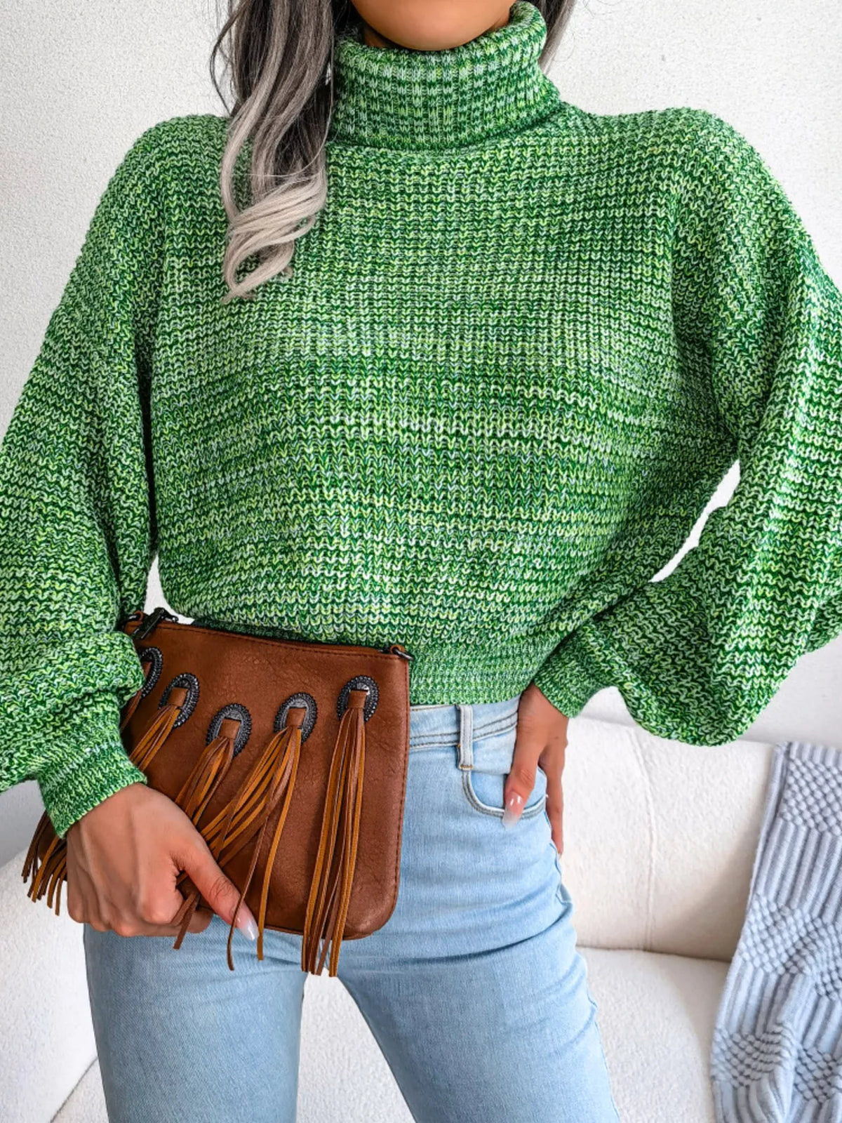 Turtleneck Dropped Shoulder Sweater - Green - View 2
