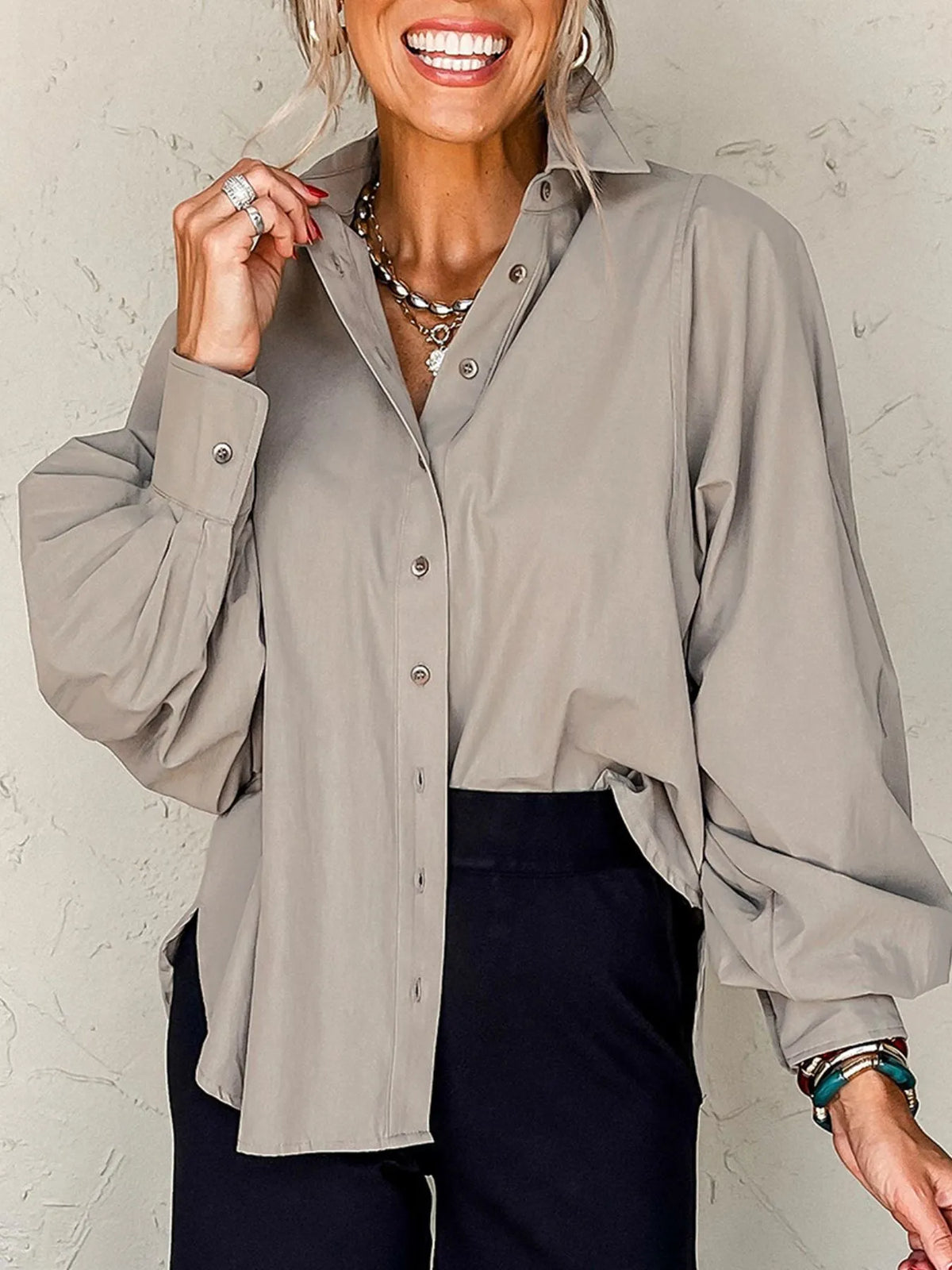 Button Up Lantern Sleeve Shirt - Gray - View 2