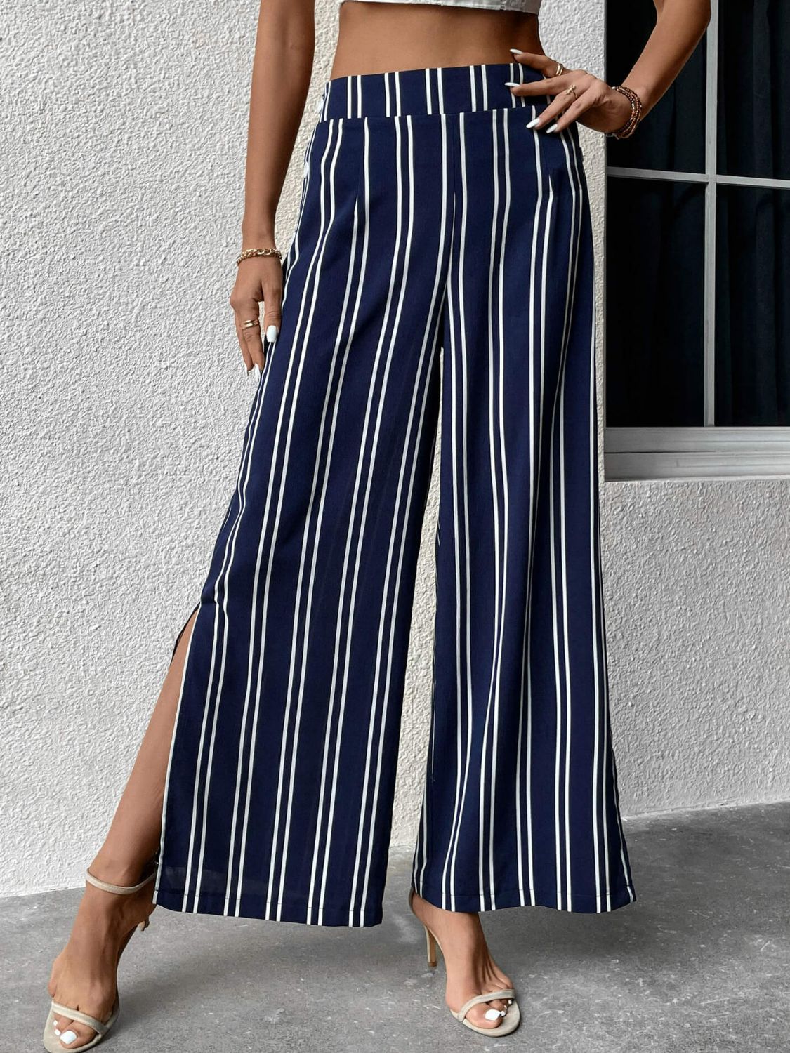 Perfee Striped Slit Wide Leg Pants - Dark Blue - View 1