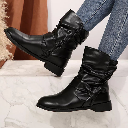 Round Toe Low Heel Boots - Black - View 2