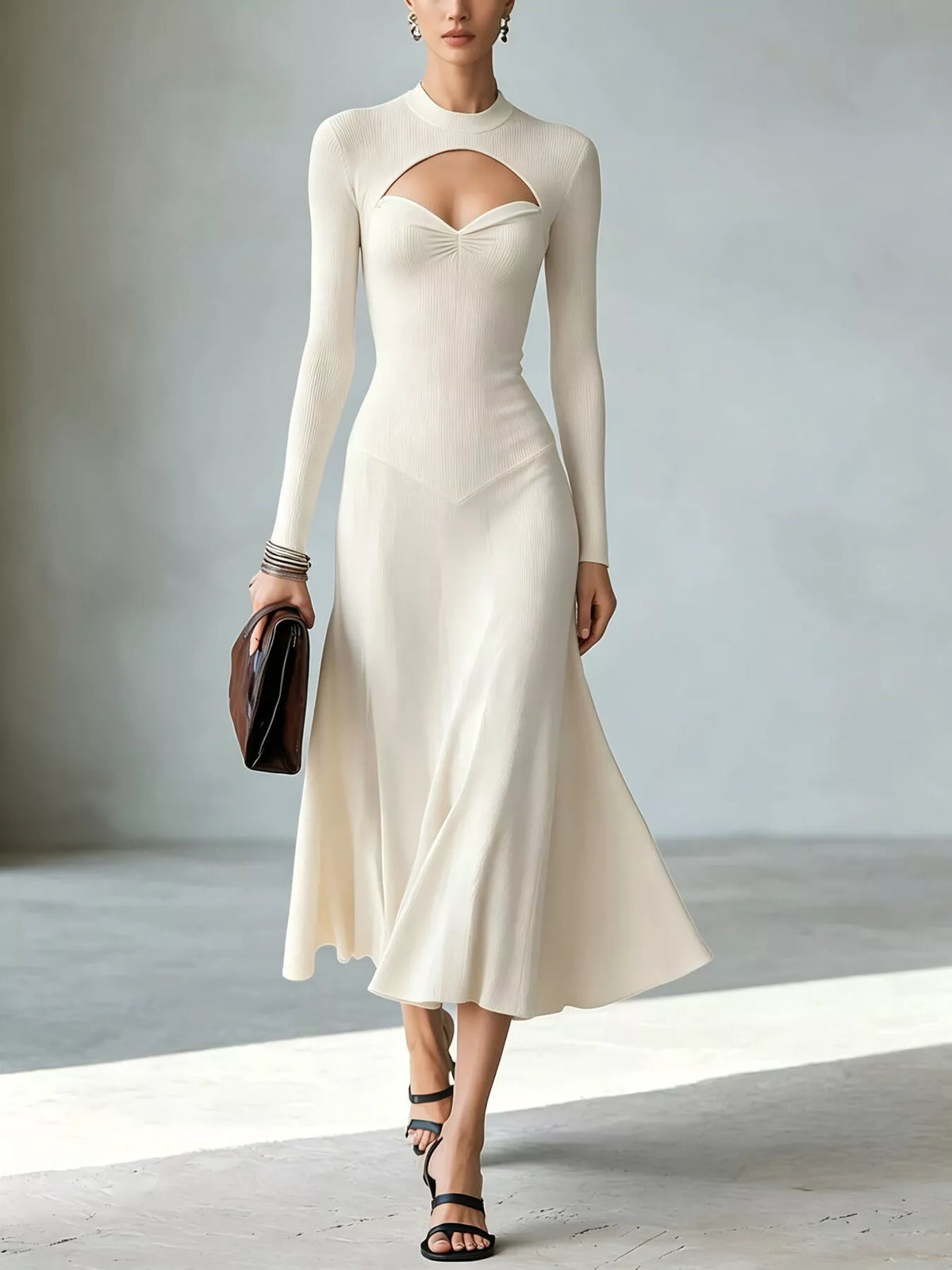 Full Size Mock Neck Cut-Out Long Sleeve Midi Dress Plus Size - White - View 1