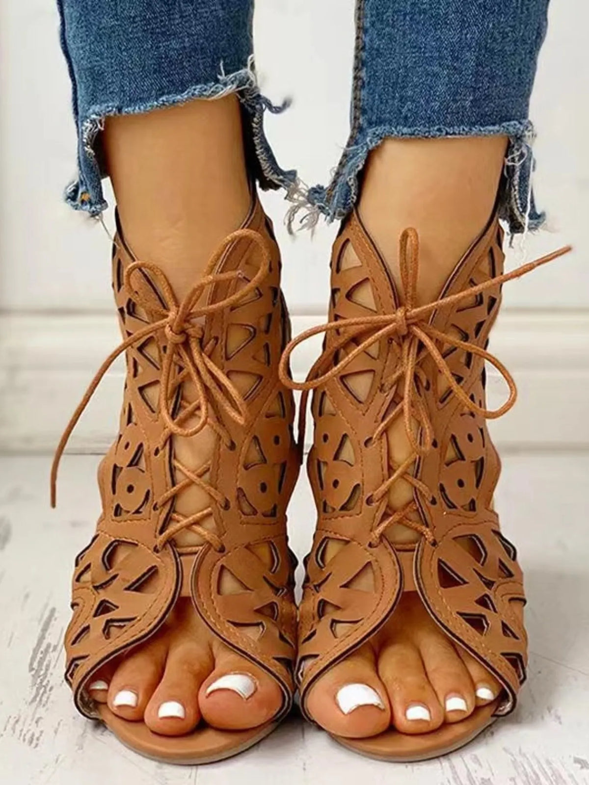 Lace-Up Geometric Cutout Sandals - Dark Brown - View 1