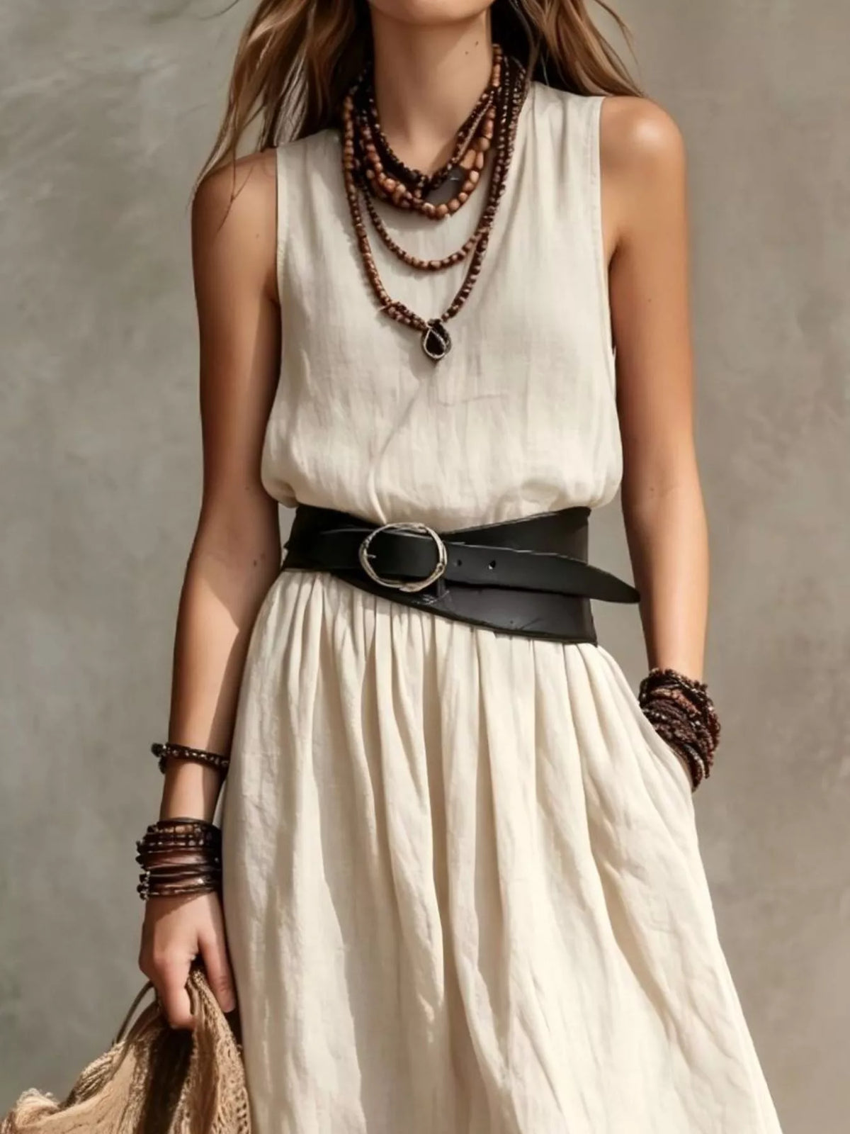 Full Size Round Neck Sleeveless Maxi Dress Plus Size - Cream - View 2