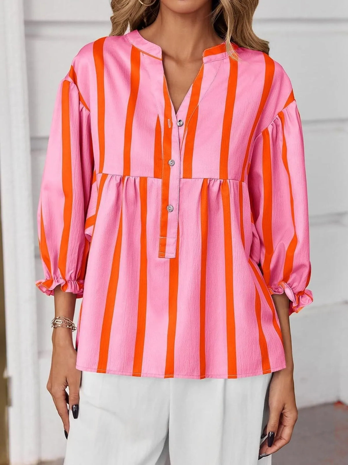 Striped Button Front Notched Blouse - Pink - View 12
