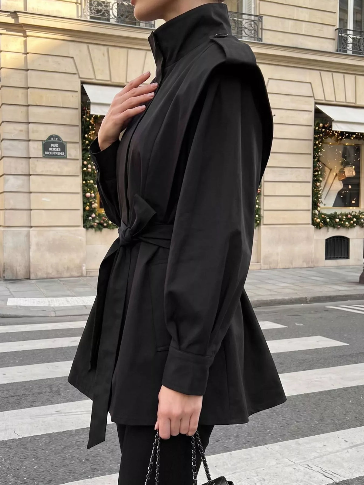 Stand-Collar Belted Outerwear - Black - View 3