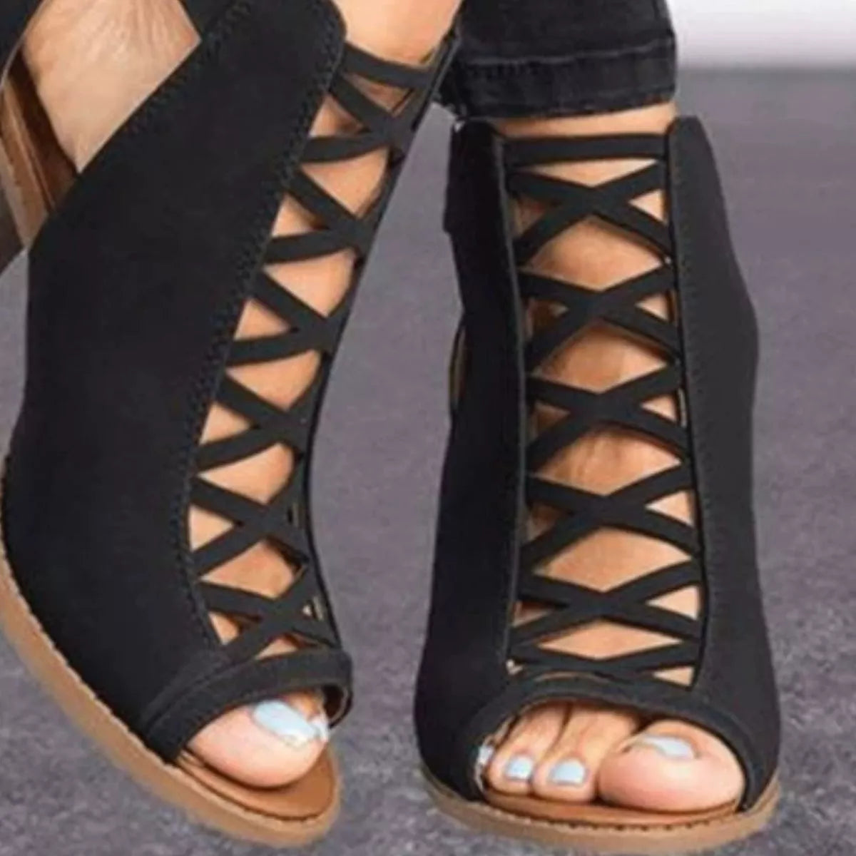Peep Toe Block Heels Sandals - Black - View 2