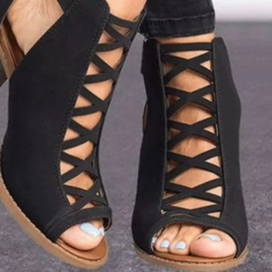 Peep Toe Block Heels Sandals - Black - View 2