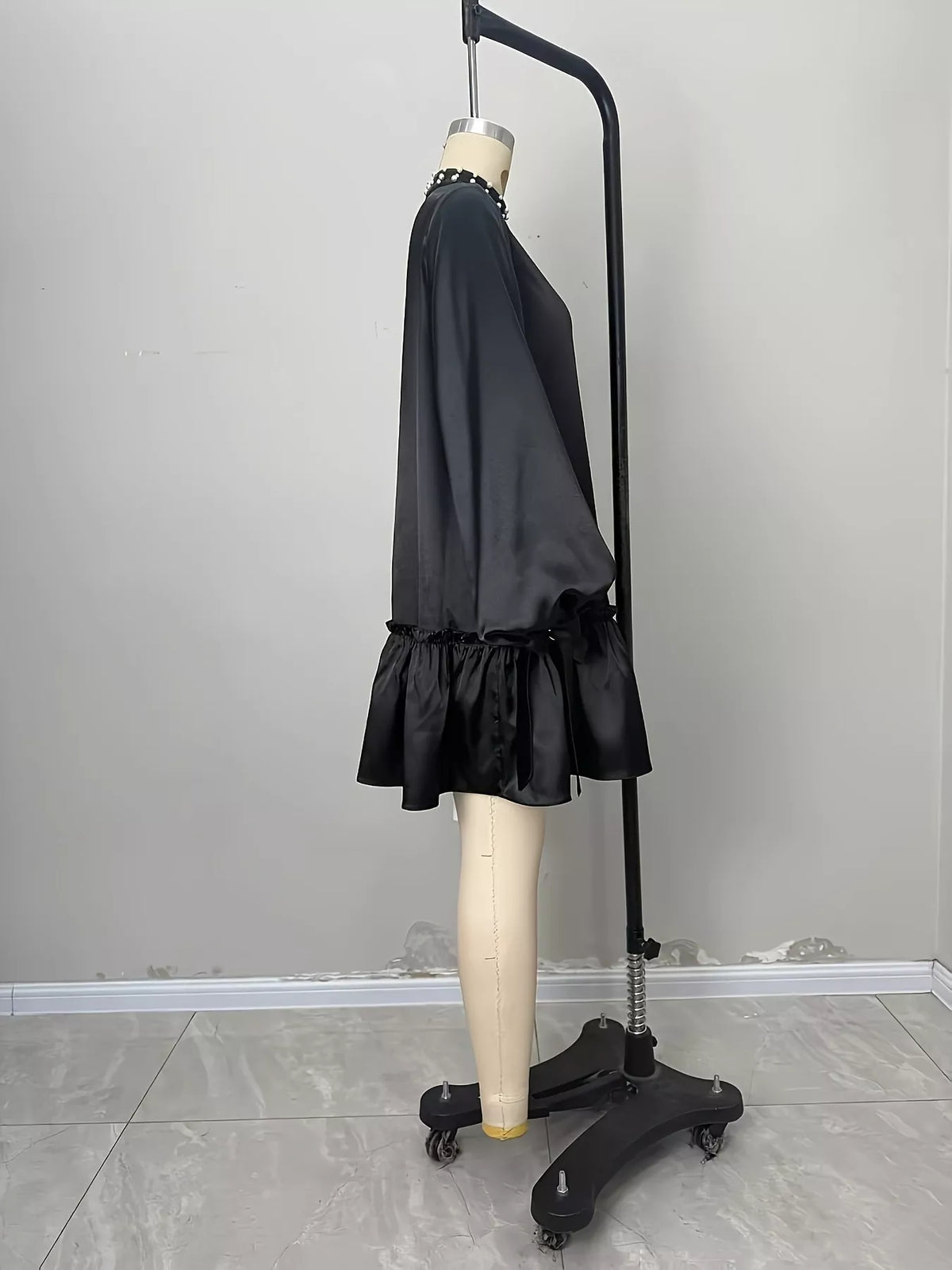 Pearl-Embellished Mock Neck Ruffle Hem Dress - Black - View 6