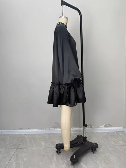 Pearl-Embellished Mock Neck Ruffle Hem Dress - Black - View 6