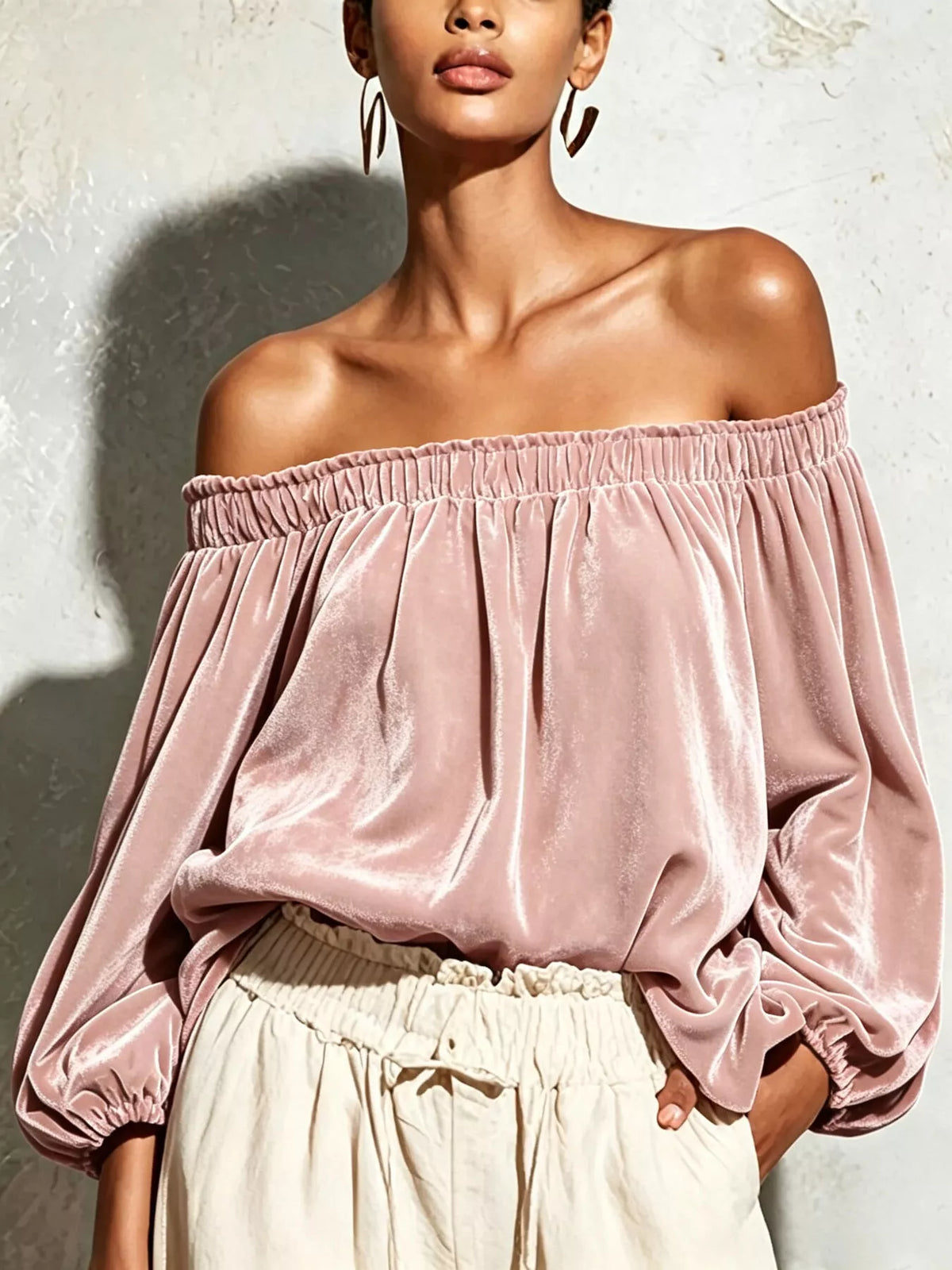 Off-Shoulder Velvet Long Sleeve T-Shirt - Pale Blush - View 1