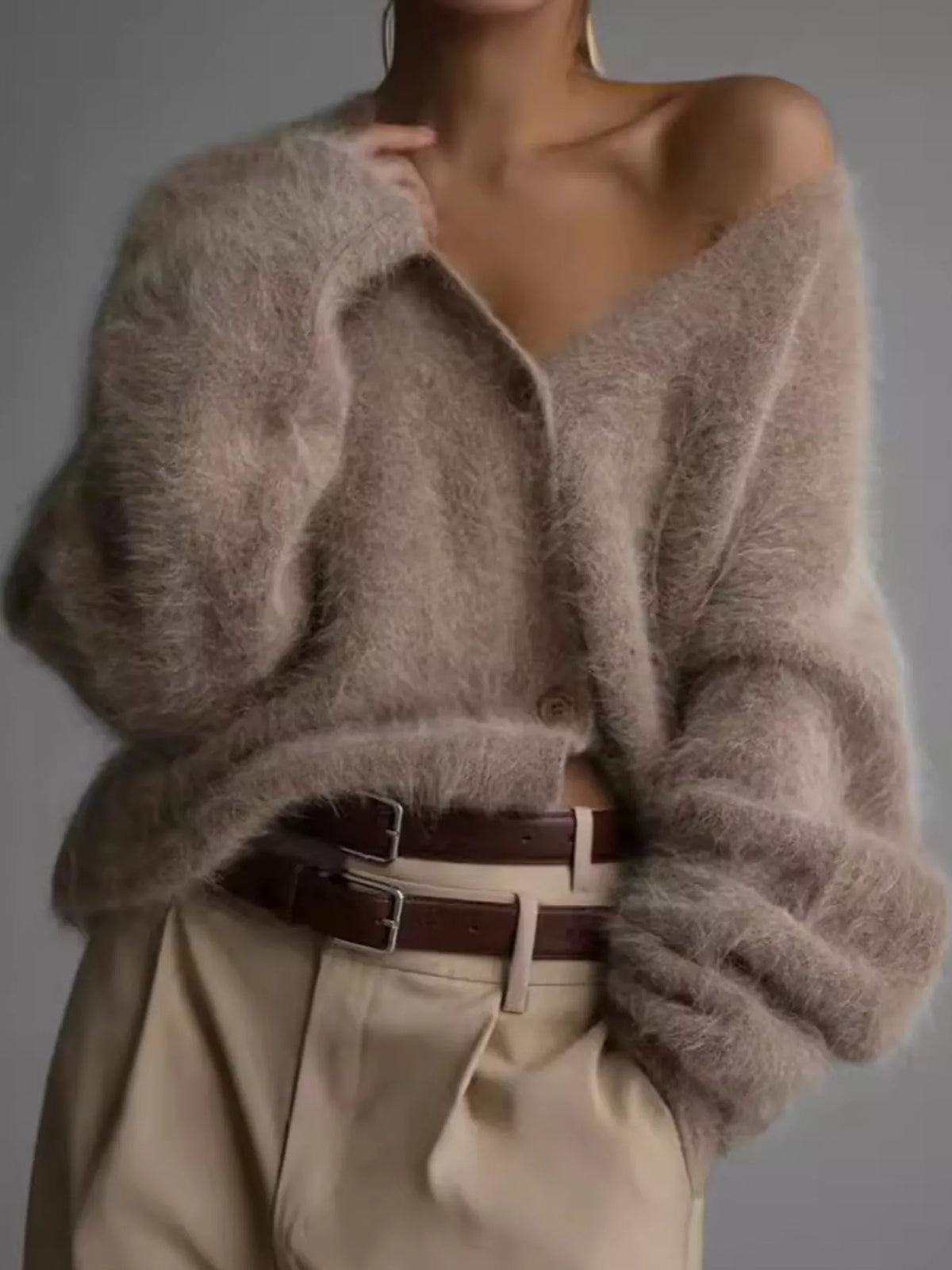 Fuzzy V-Neck Button-Down Cardigan - Camel - View 14