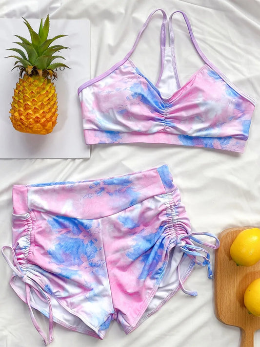 Tie-Dye Spaghetti Strap Top and Drawstring Shorts Swim Set - product photo 2