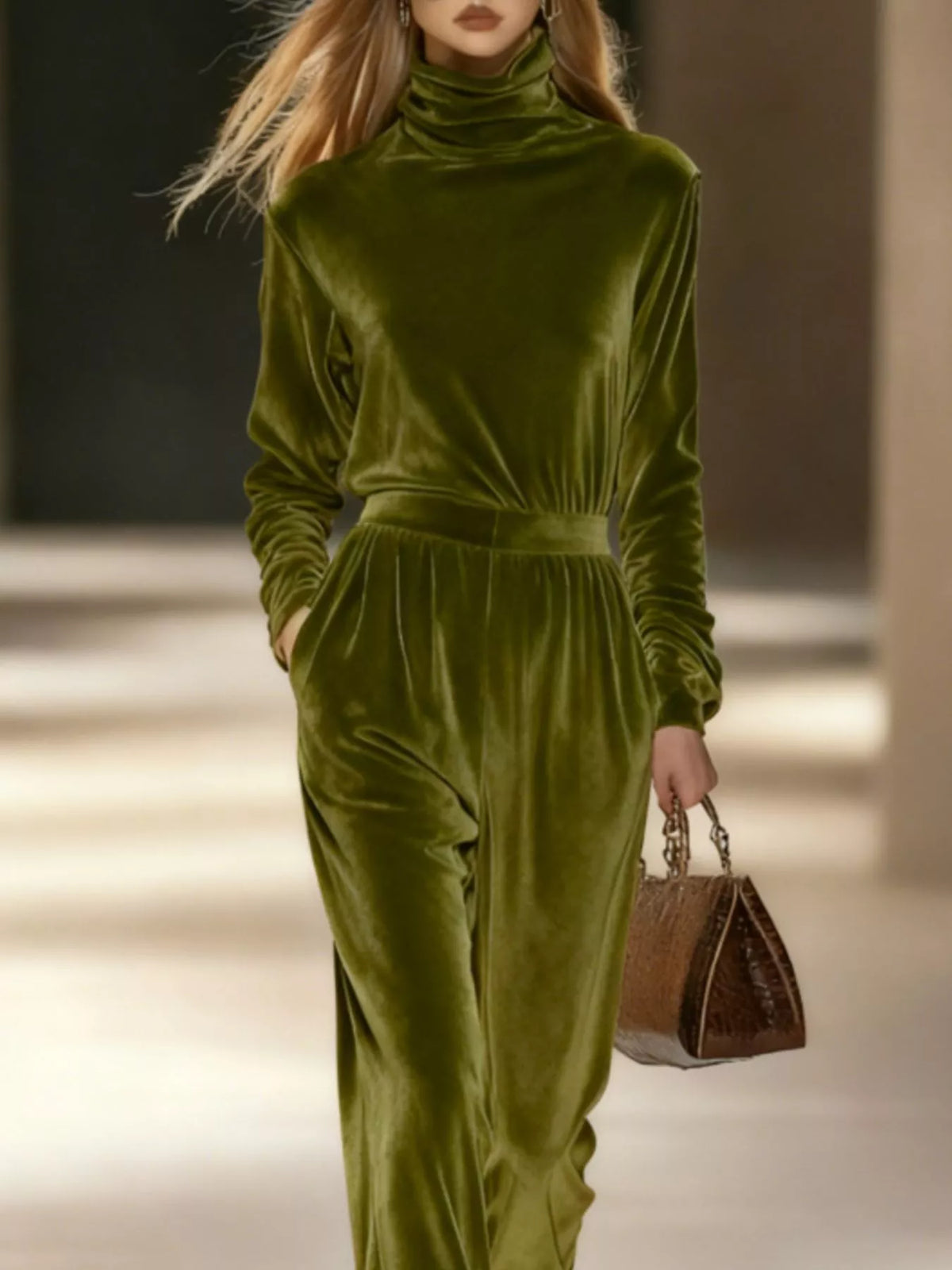 Full Size Velvet Turtleneck Long Sleeve Top and Wide-Leg Pants Set Plus Size - Green - View 1