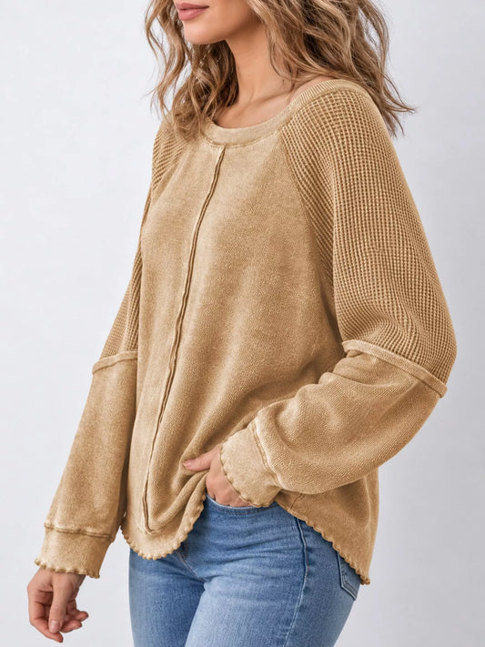 Waffle Knit Raglan Sleeve Sweatshirt - Camel - View 2