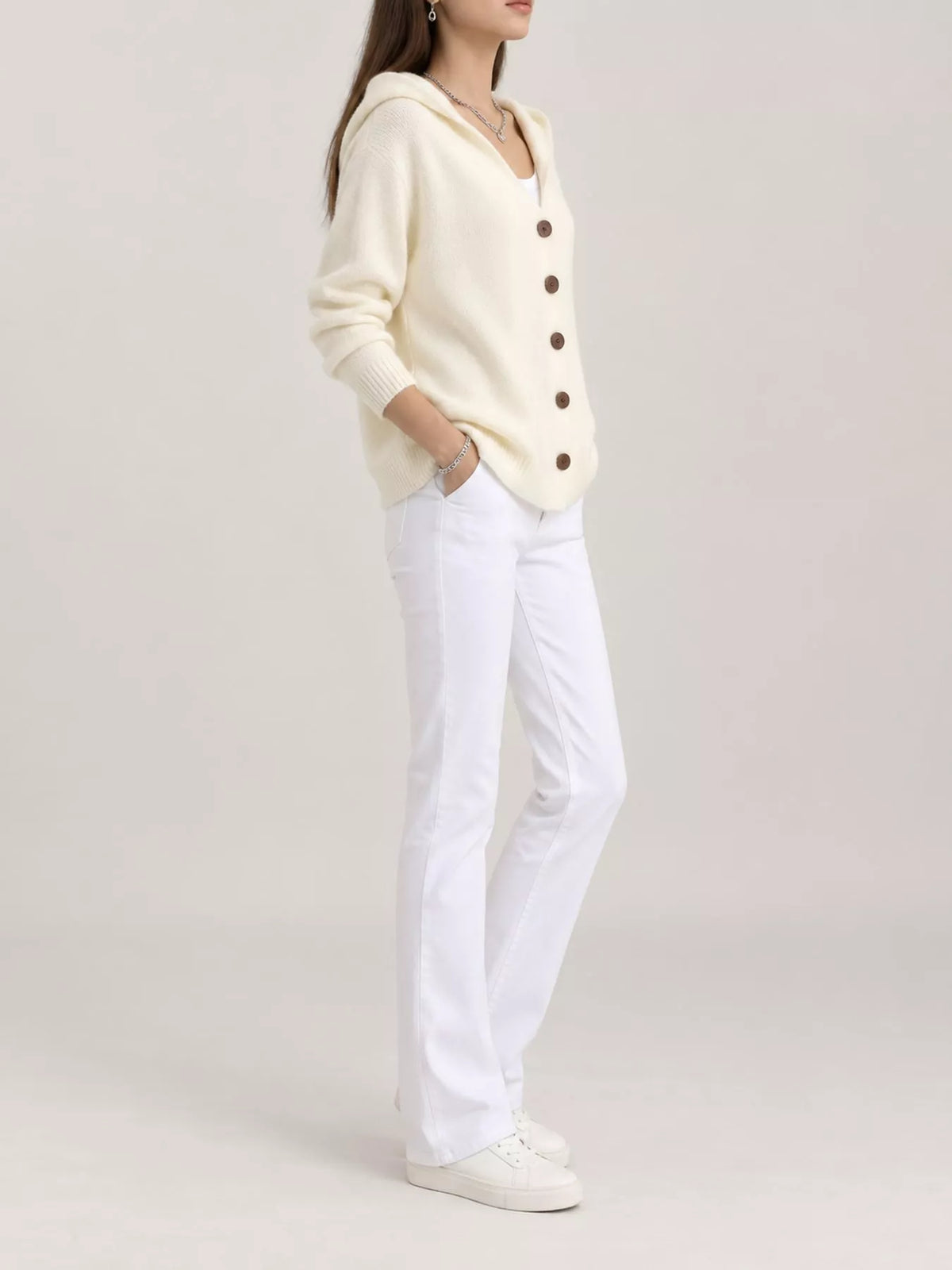 Full Size Hooded Button-Down Knit Cardigan Plus Size - Ivory - View 20