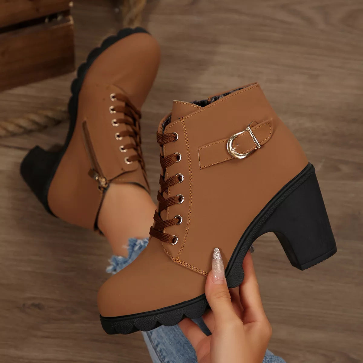 Lace Up Block Heels Boots - Brown - View 9