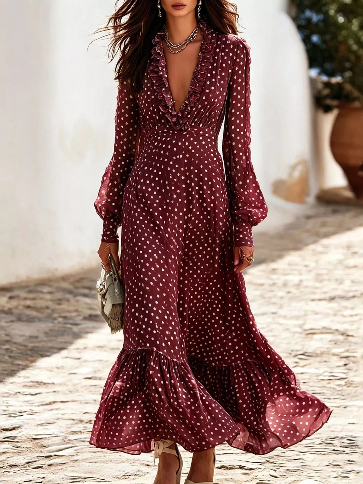 Full Size Polka Dot Ruffle V-Neck Maxi Dress Plus Size - Burgundy - View 1
