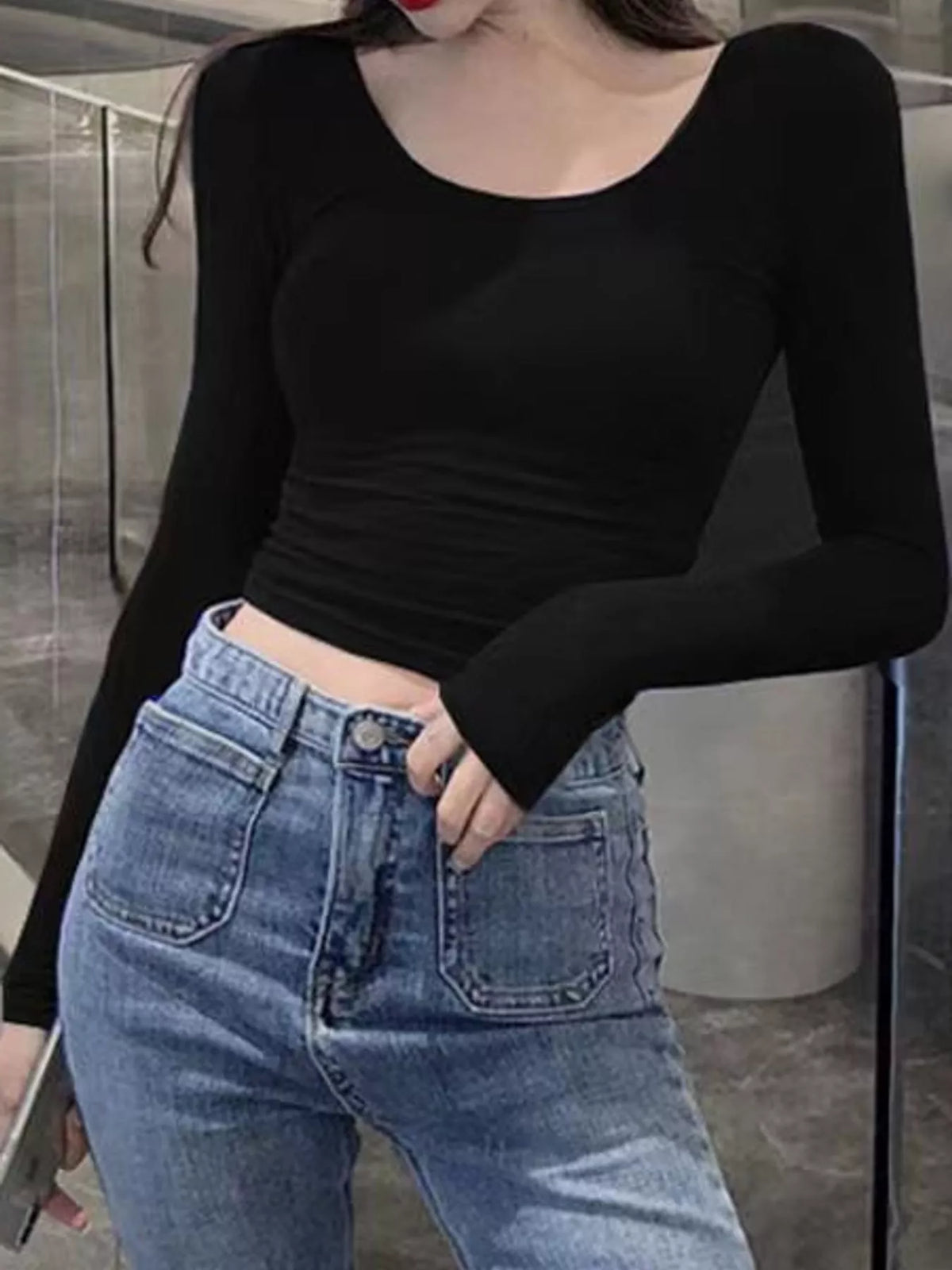 Slim-Fit Long Sleeve U-Neck Cropped T-Shirt - Black - View 1