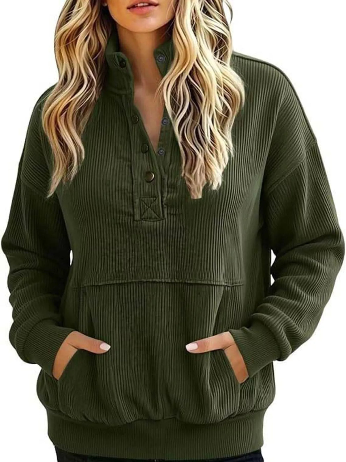 Full Size Quarter-Snap Sweatshirt with Kangaroo Pocket Plus Size - Army Green - View 13