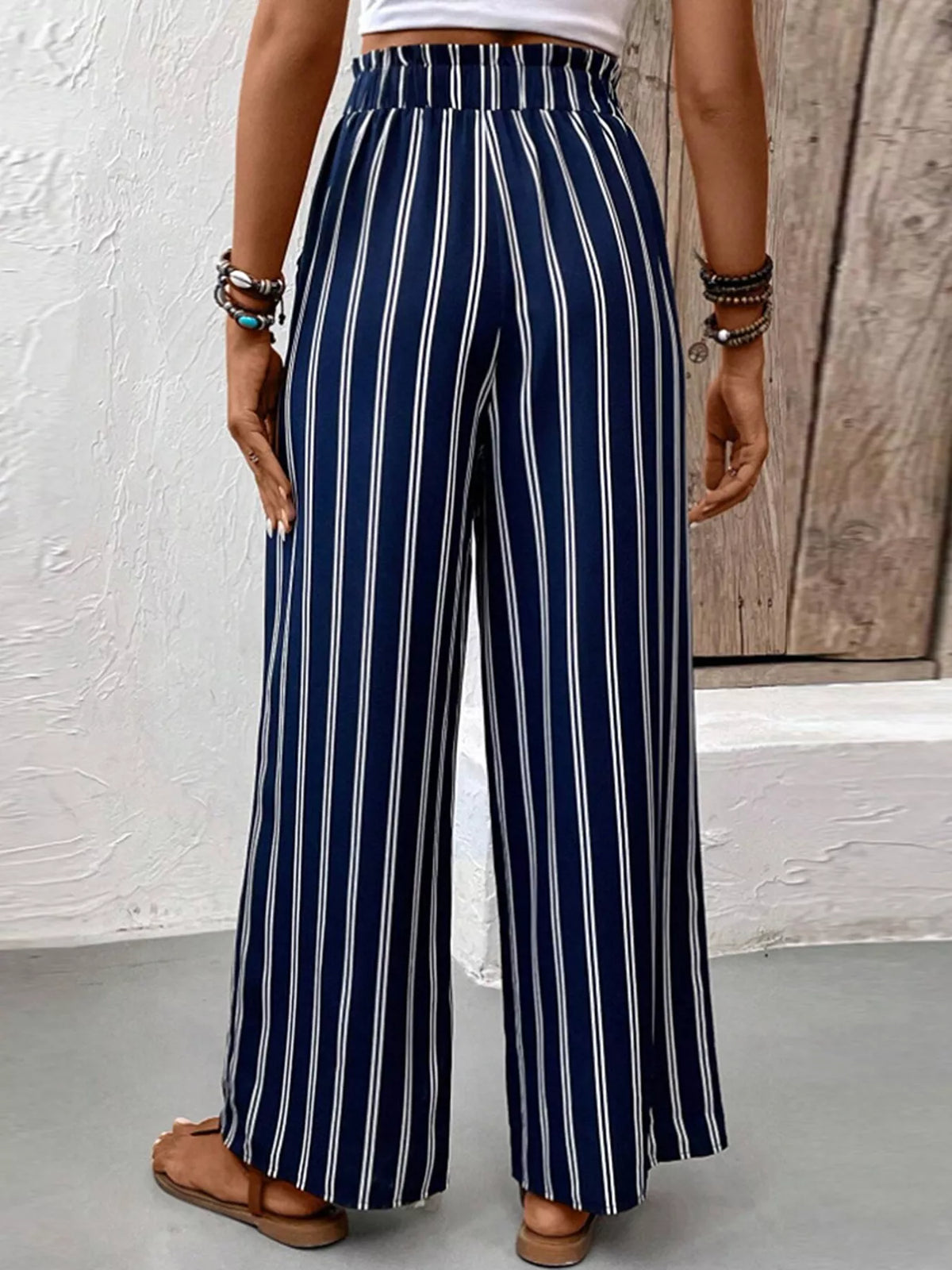 Striped Wide-Leg Pants with Elastic Waistband - Dark Blue - View 5