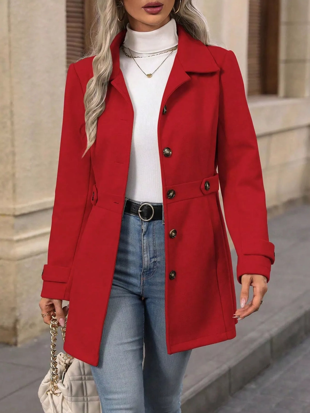 Single-Breasted Long Sleeve Coat - Red - View 1