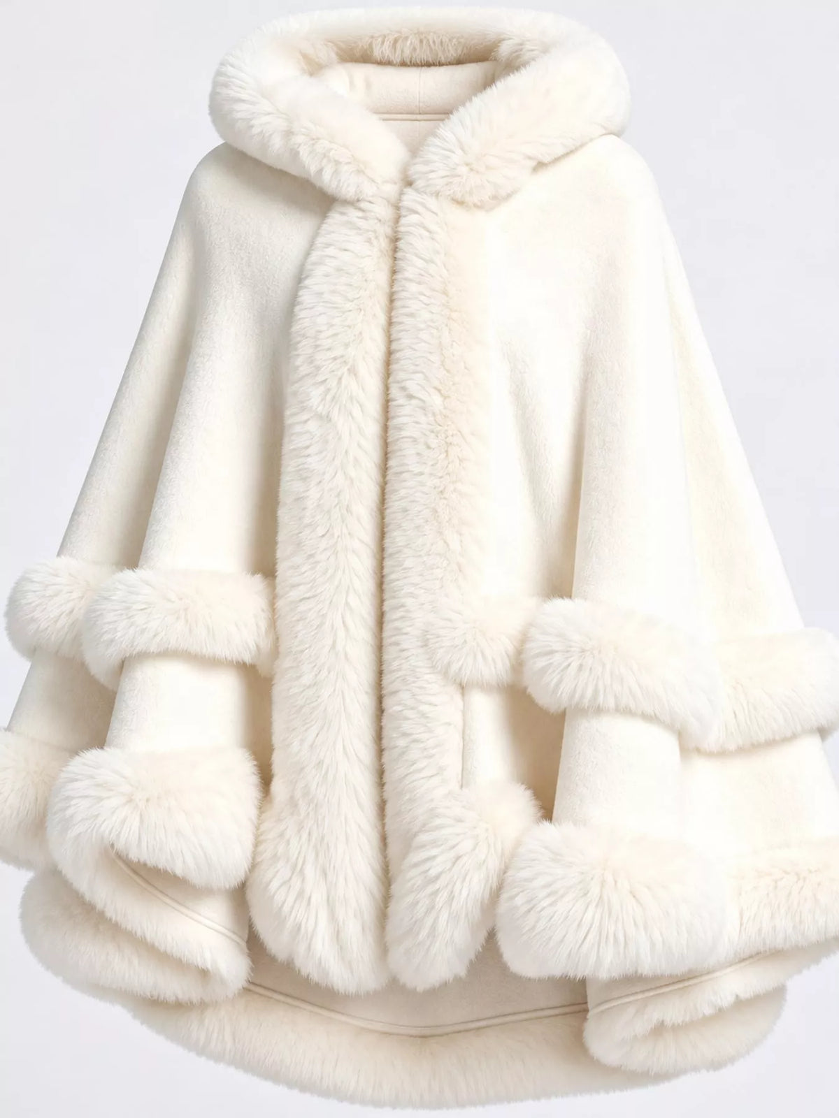Faux Fur Trimmed Hooded Cape - White - View 48