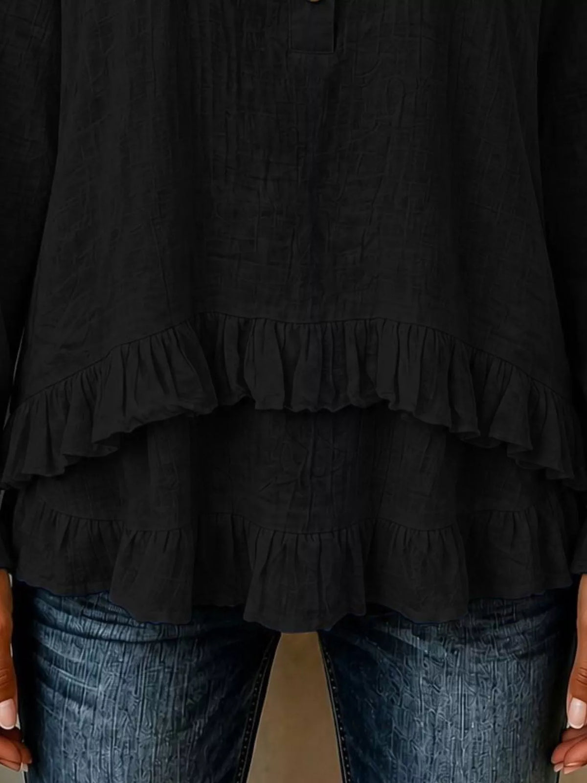 V-Neck Long Sleeve Button Detail Ruffled Hem Blouse - Black - View 3