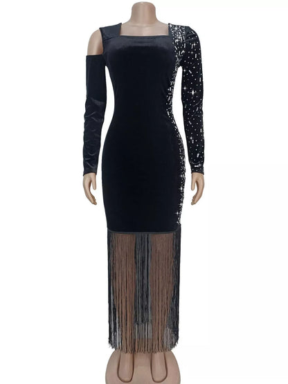 Asymmetrical Rhinestone Fringe Dress - Black - View 3