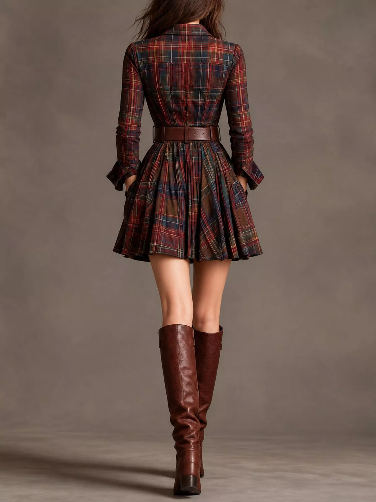 Plaid Long-Sleeve Shirt Dress - Red Brown (with Belt) - View 3