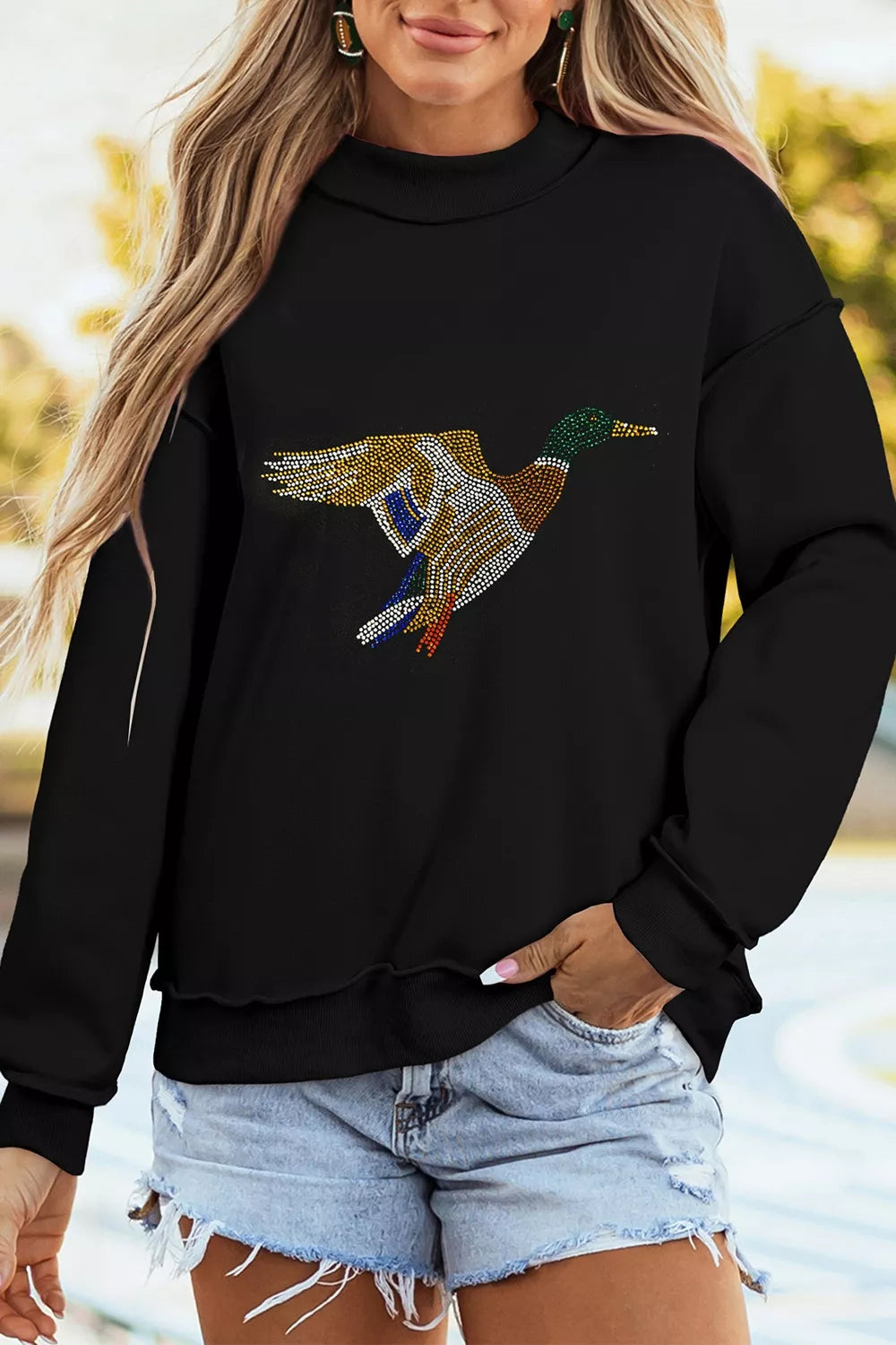 Rhinestone Flying Mallard Mock Neck Tunic Sweatshirt - Black - View 1