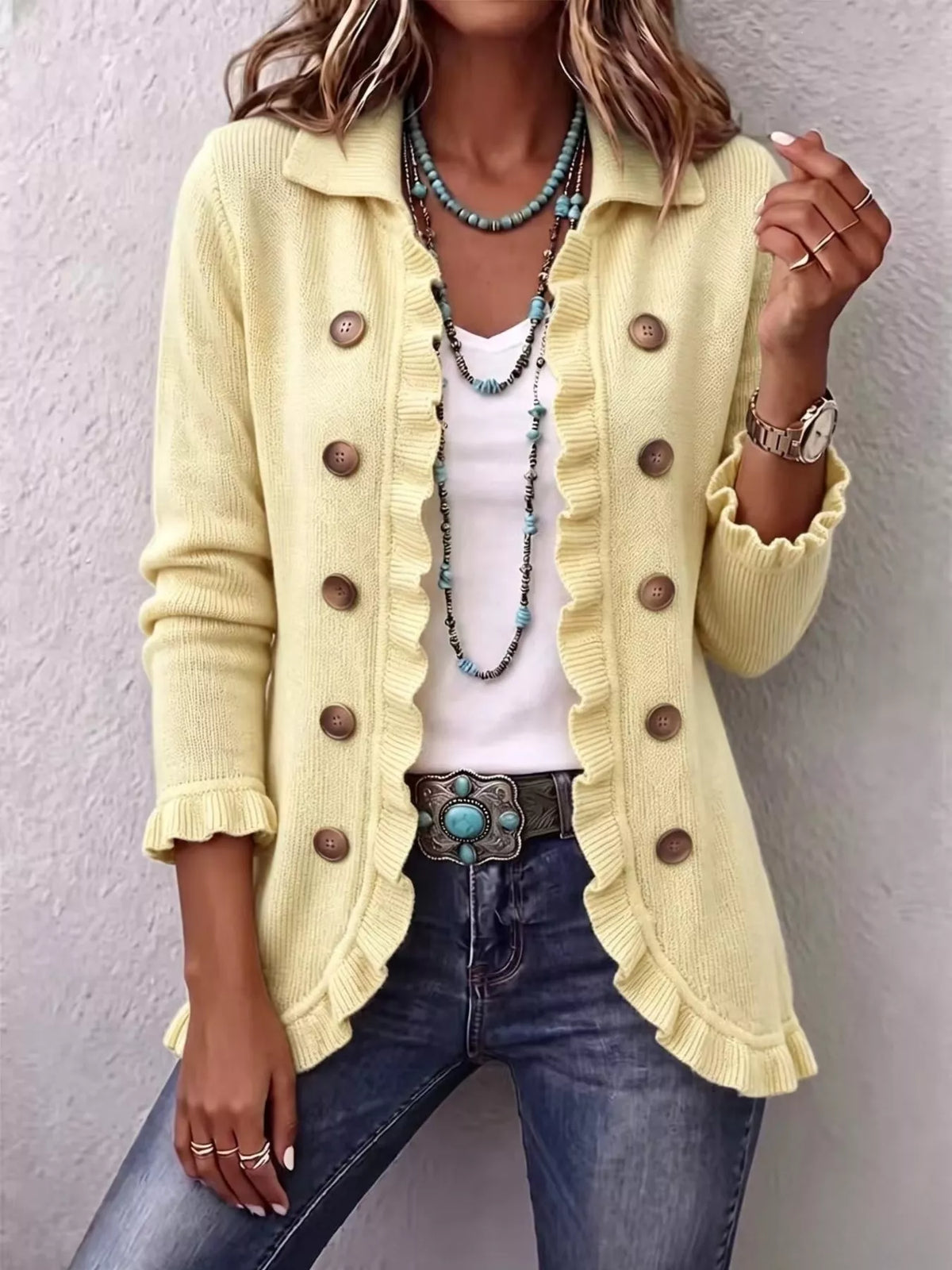 Full Size Ruffled Trim Decorative Button Cardigan Plus Size - Yellow - View 1