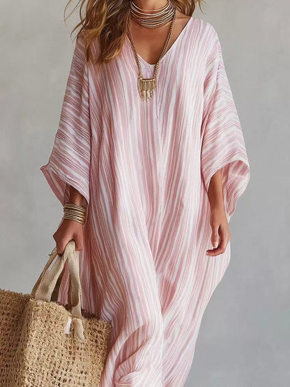 Striped V-Neck Maxi Dress - Blush Pink - View 3