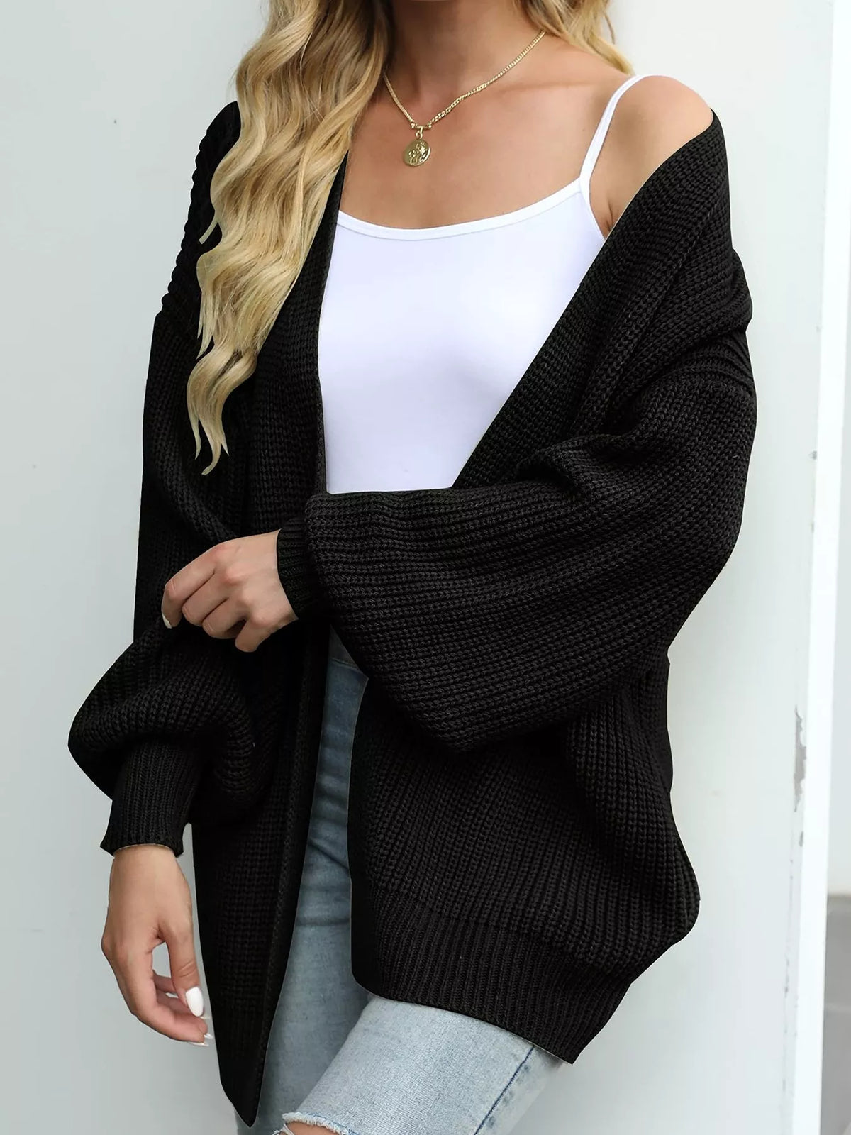 Chunky Knit Open Front Cardigan with Lantern Sleeves - Black - View 24