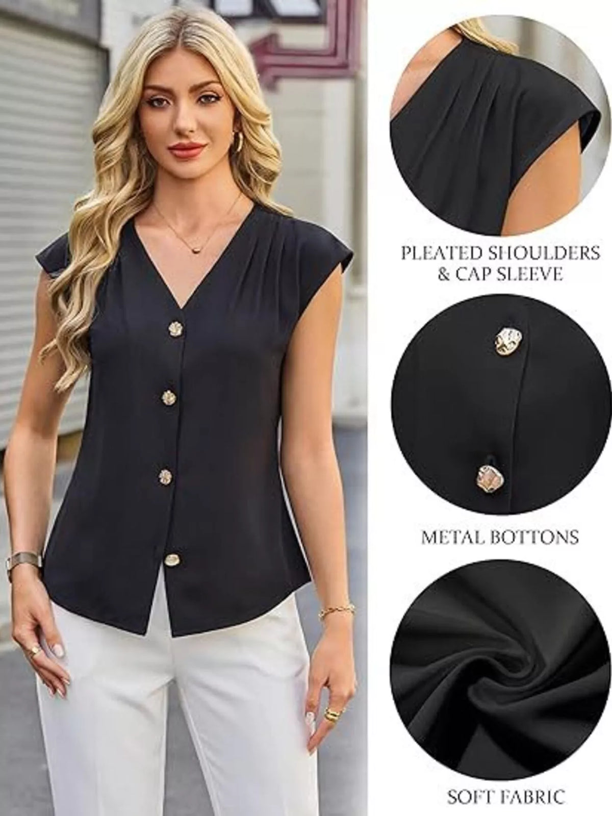 V-Neck Button-Down Shirt - Black - View 7