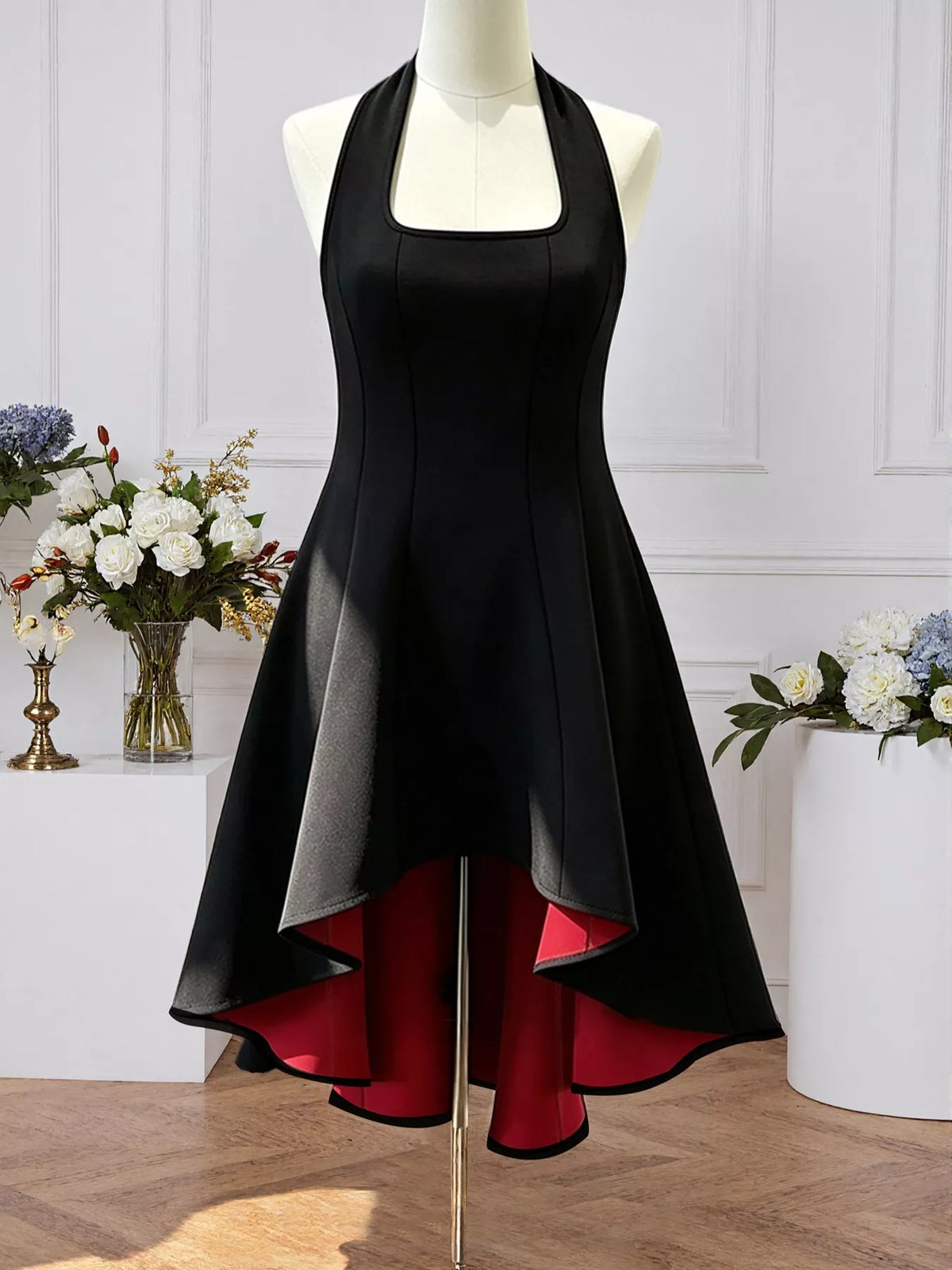 High-Low Halter Neck Dress - Black - View 5
