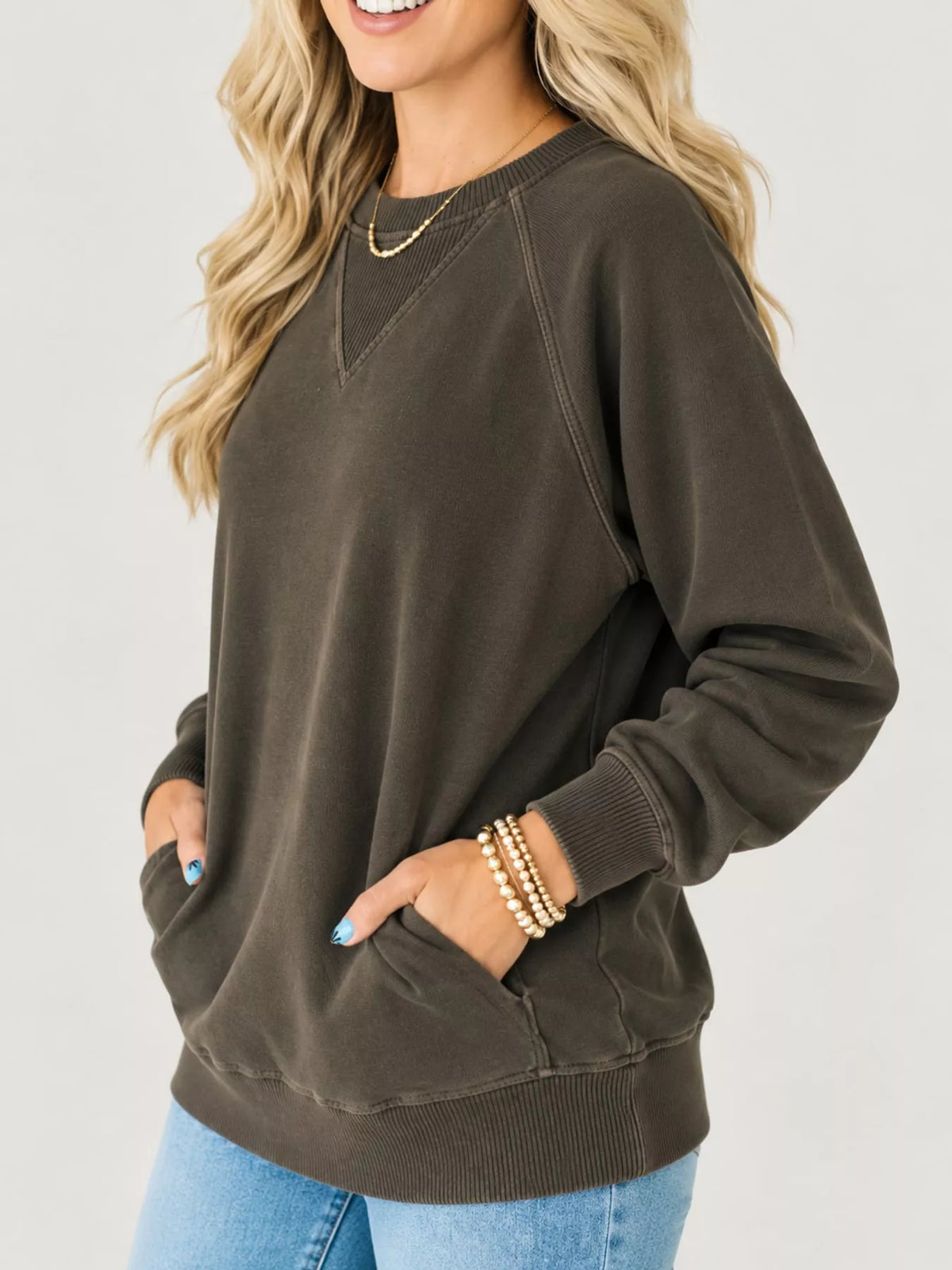 Crew Neck Raglan Sleeve Sweatshirt - Dark Brown - View 35