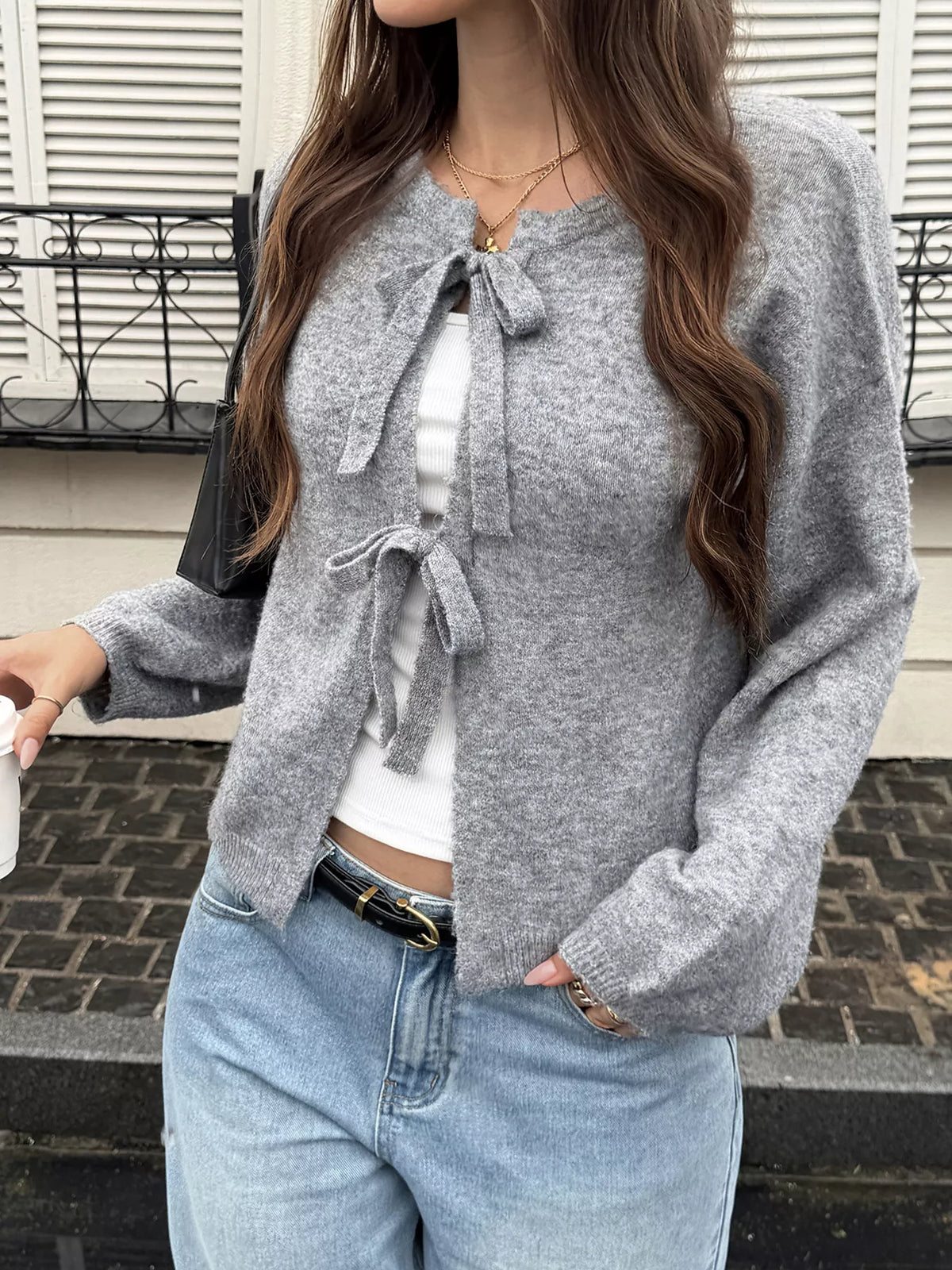 Tie Front Dropped Shoulder Cardigan - Gray - View 3
